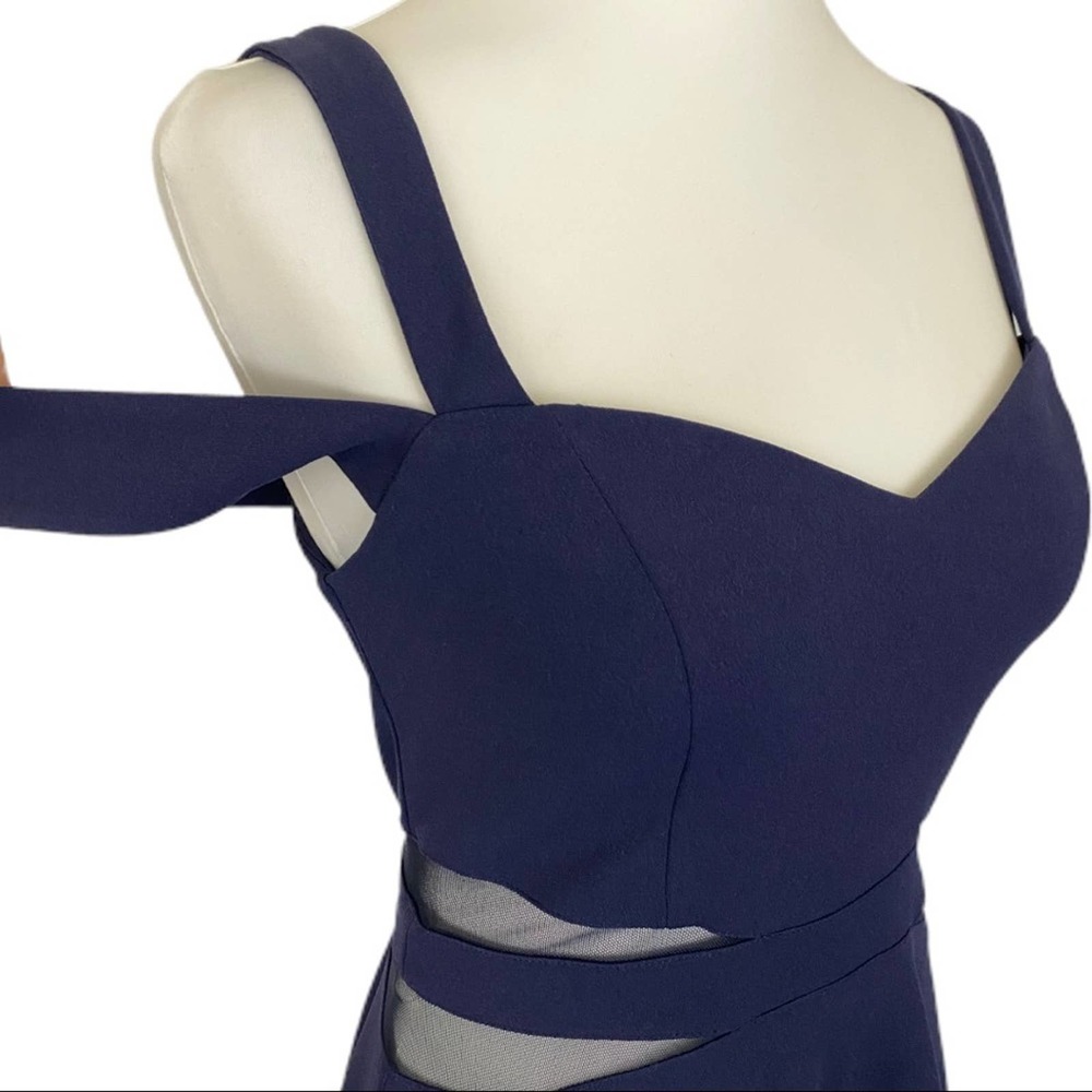 XTRAORDINARY | Navy Blue Cold Shoulder Sheer Cutout Mini Party Cocktail Dress - Picture 7 of 16
